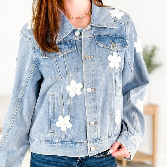 Vici Jackets & Blazers - VICI Gracie Embellished Floral Pearl
Pocketed Denim Jacket - Small
